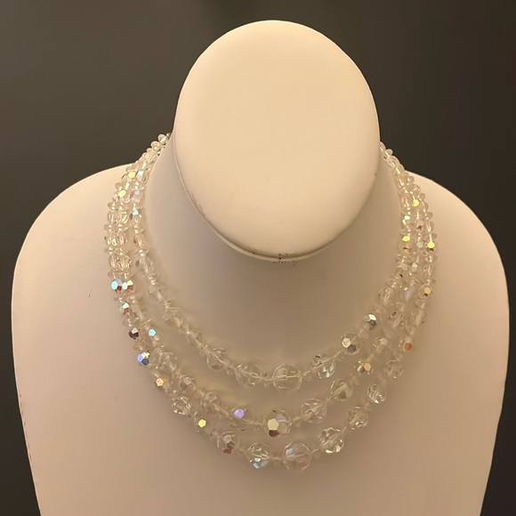 Antique Faceted Aurora Borealis Crystal 3 Strand Necklace Vintage